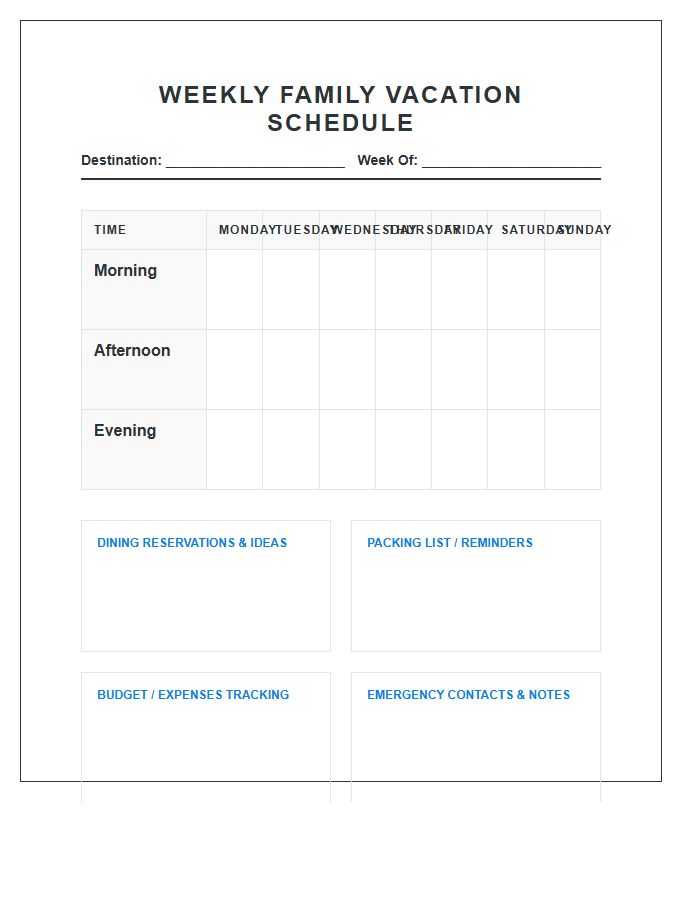 Weekly Family Vacation Activity Schedule Printable Chart