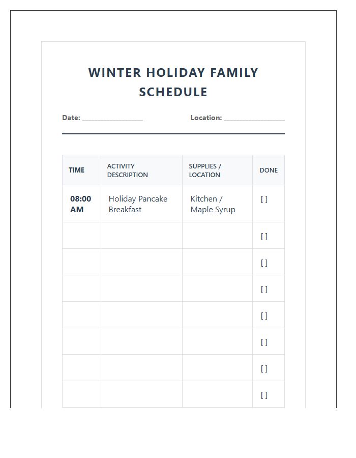 Winter Holiday Family Vacation Activity Schedule Printable Chart