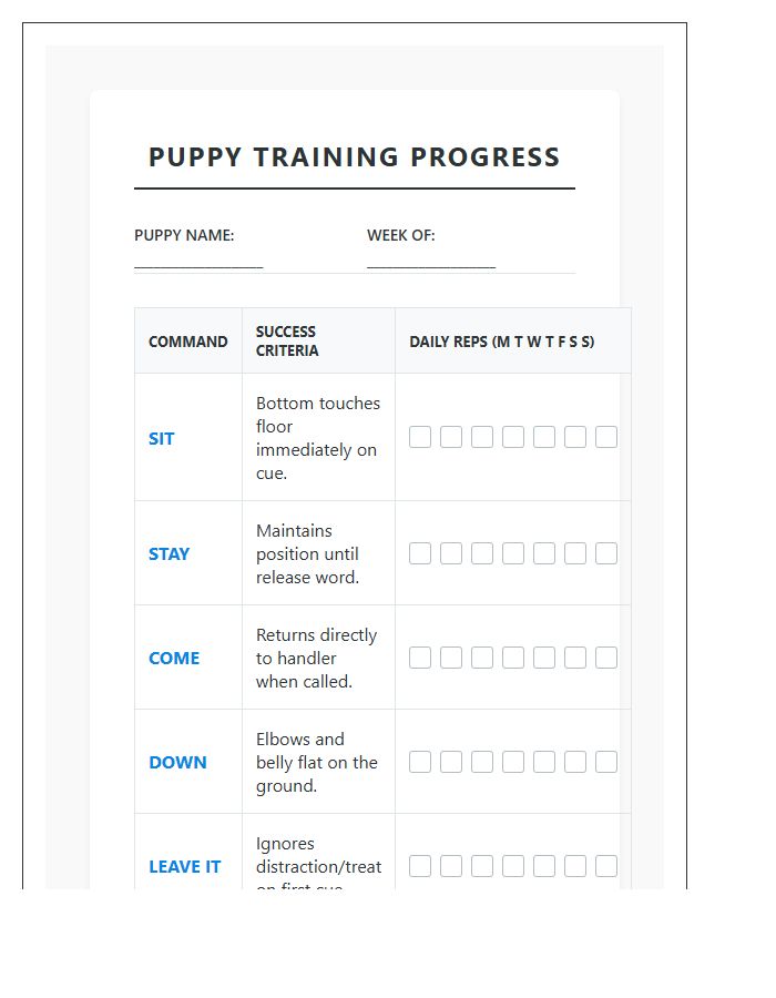 Basic Command Puppy Training Printable Chart