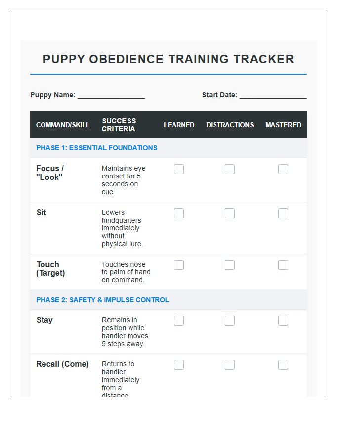 Comprehensive Puppy Obedience Training Printable Chart