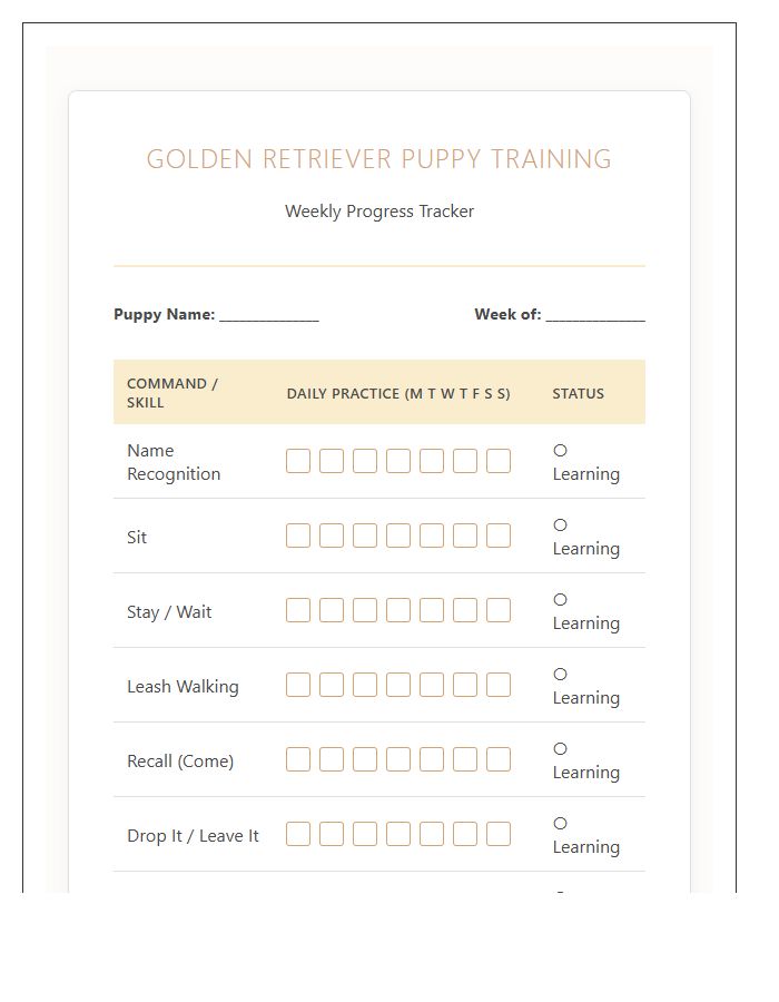 Golden Retriever Puppy Training Printable Chart