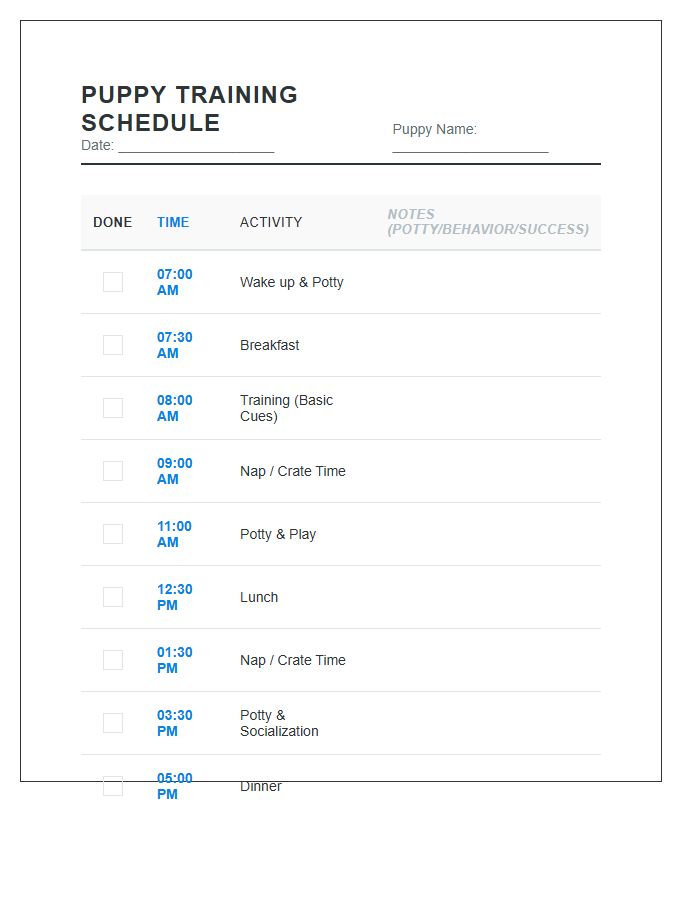 Hourly Puppy Training Schedule Printable Chart