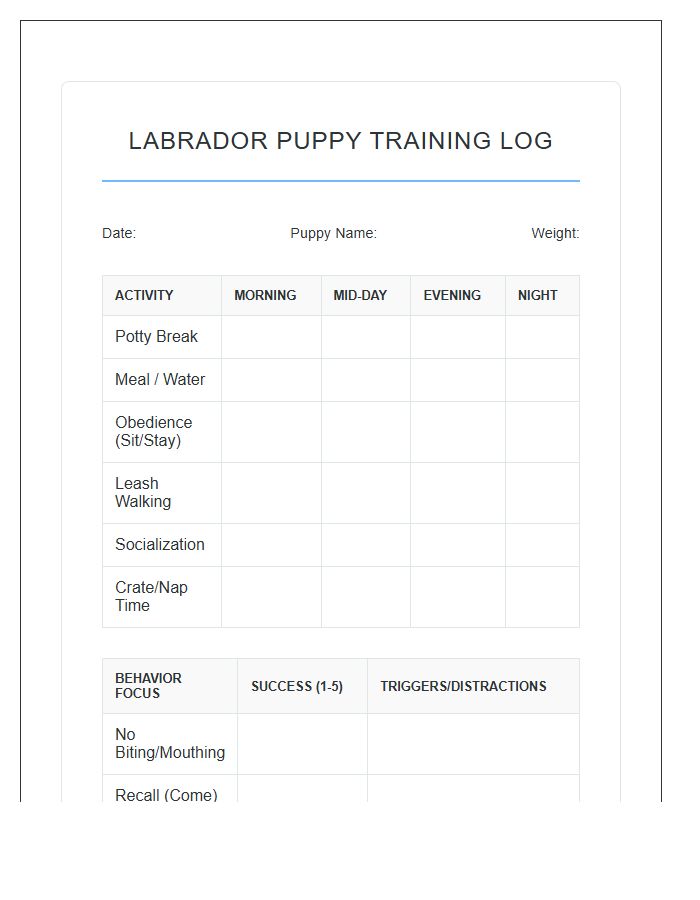 Lab Puppy Training Daily Printable Chart
