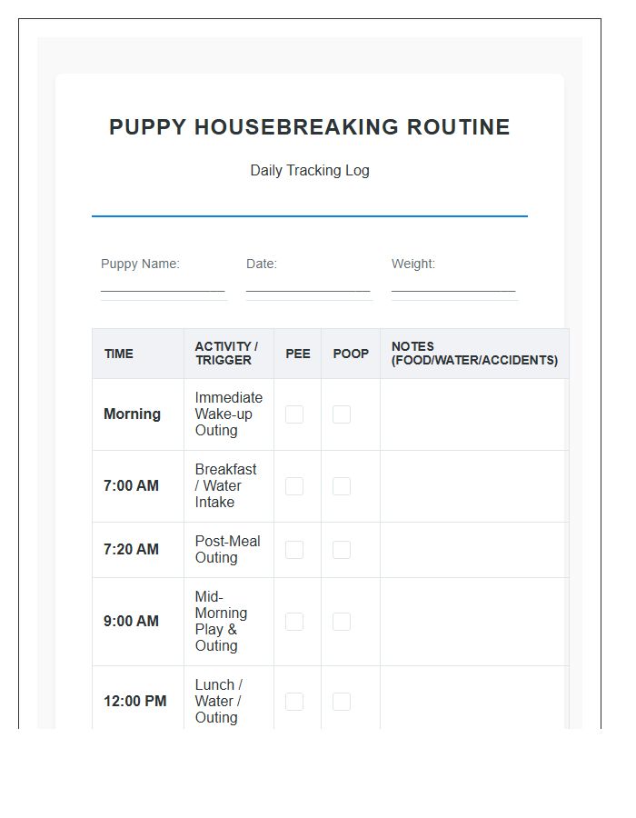 Puppy Housebreaking Routine Daily Printable Chart