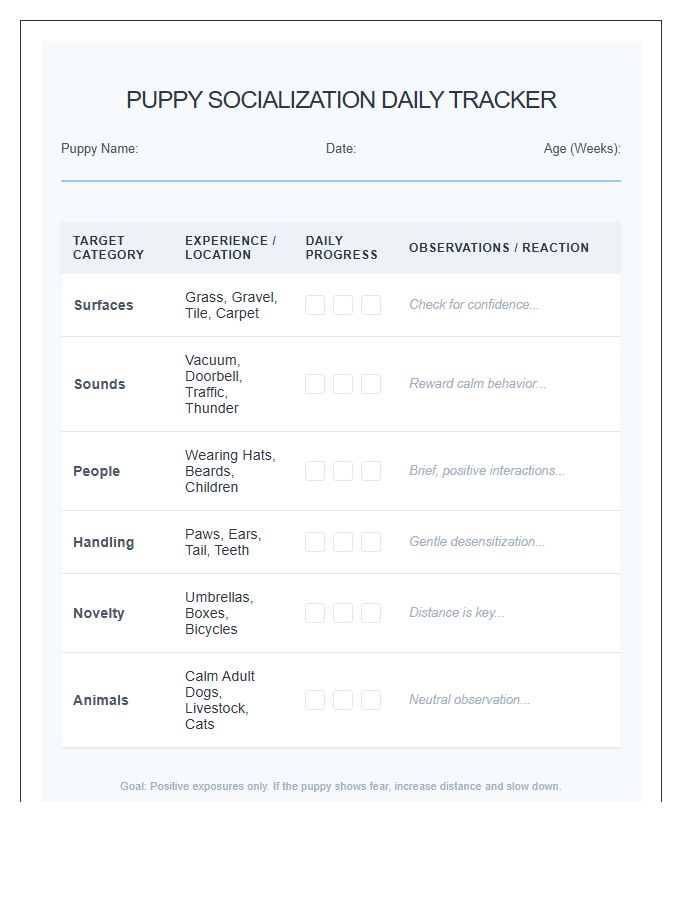 Puppy Socialization Goals Daily Printable Chart