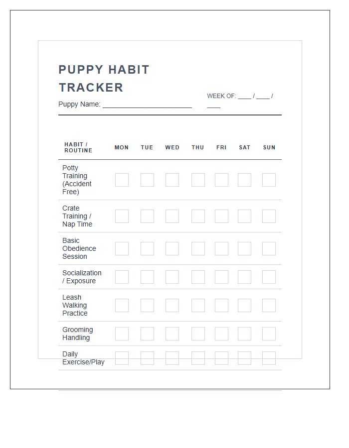 Weekly Puppy Habit Tracking Printable Chart