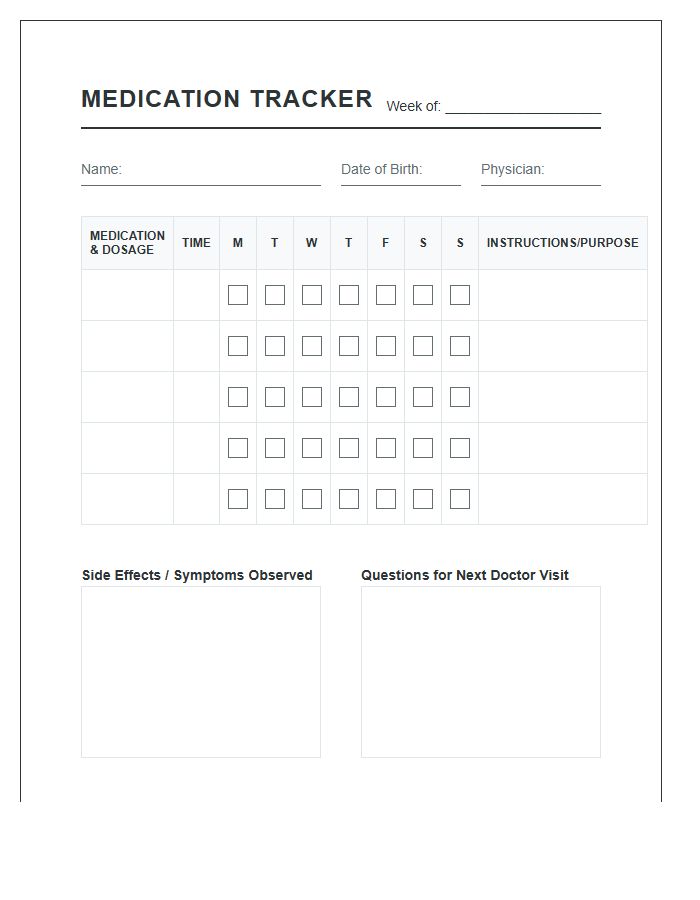 Comprehensive Medication Intake Tracker Printable Chart