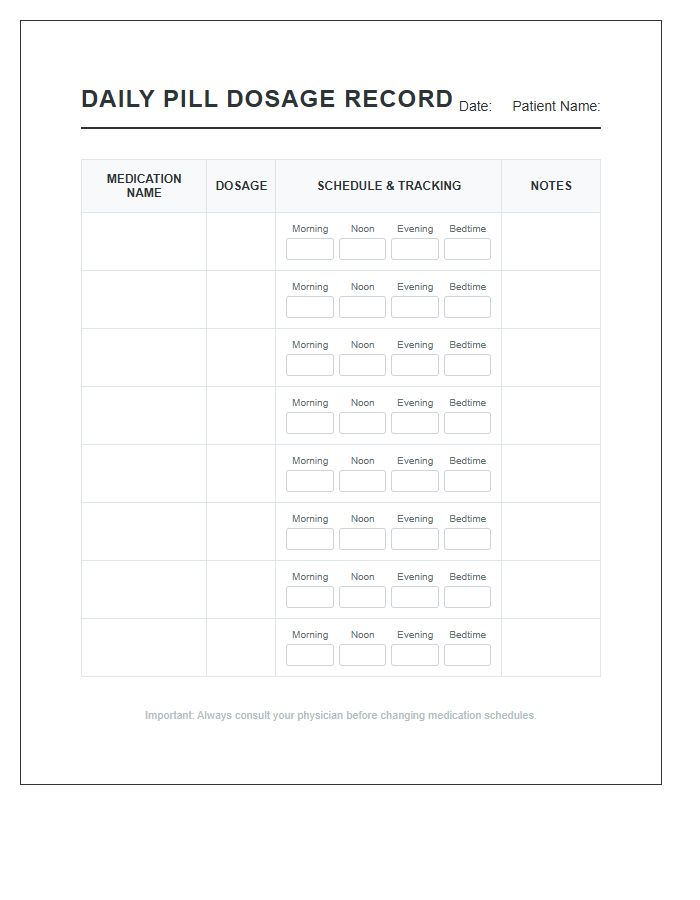 Daily Pill Dosage Record Printable Chart