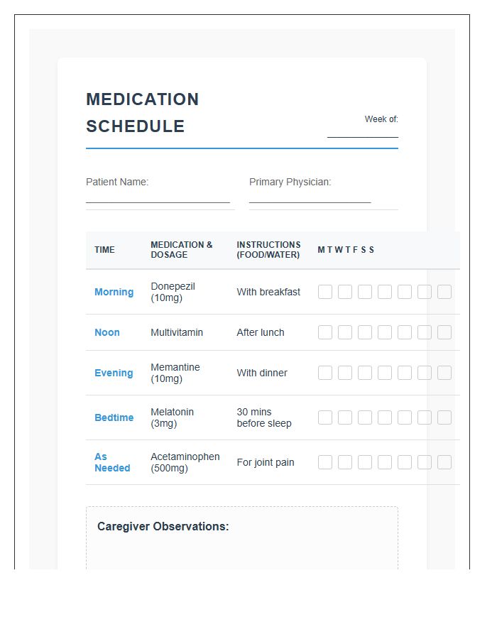 Dementia Care Medication Schedule Printable Chart