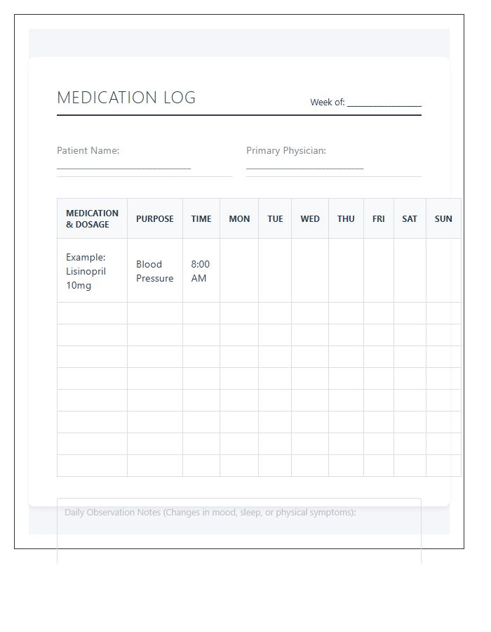 Elderly Patient Medication Log Printable Chart
