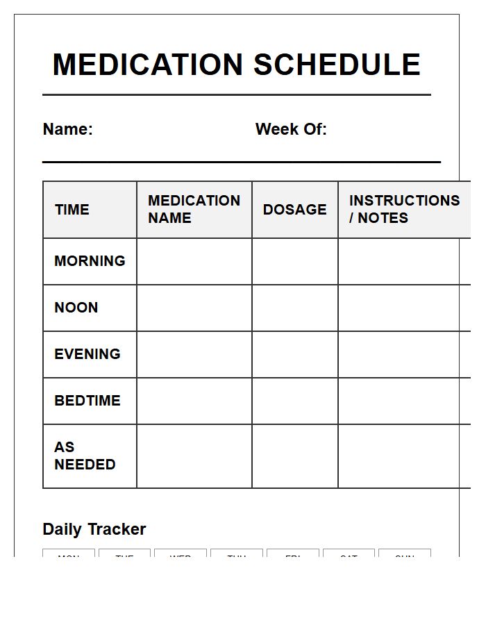 Large Print Medication Intake Schedule Printable Chart