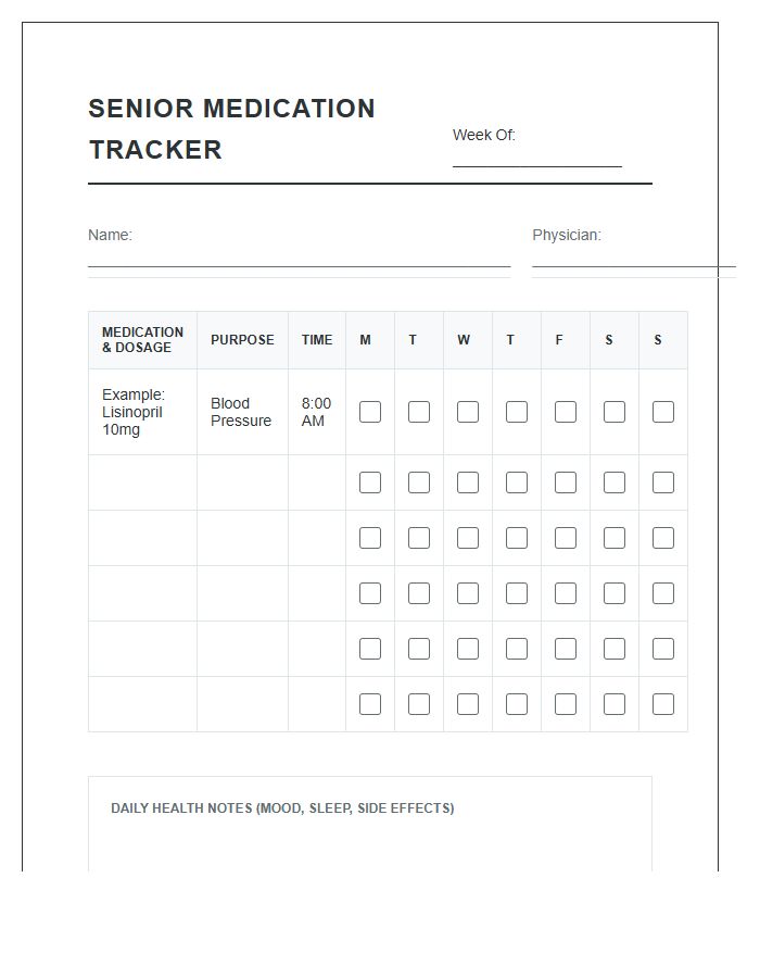 Senior Health Wellness Medication Tracking Printable Chart