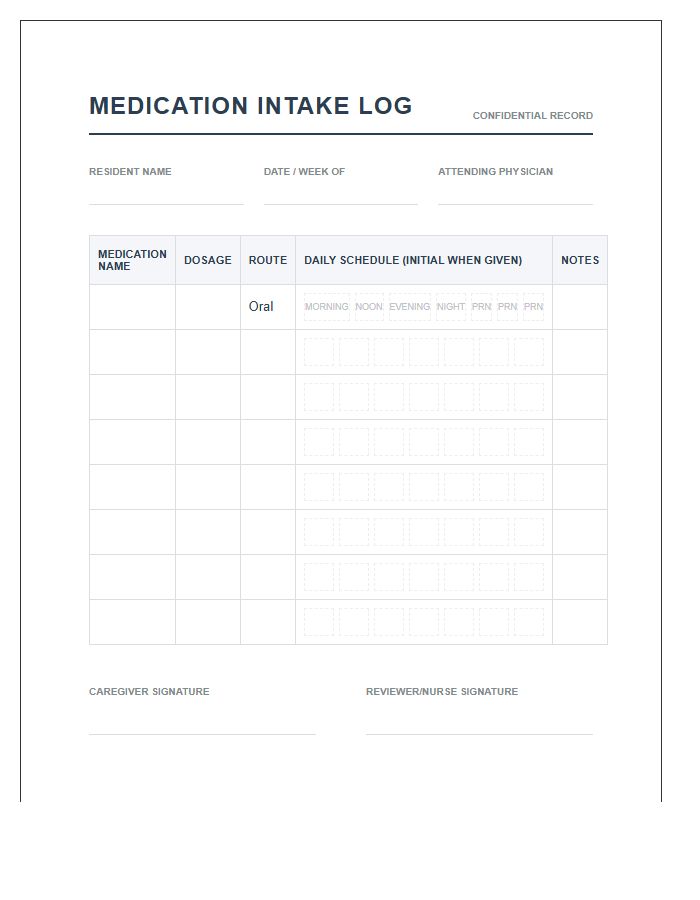 Senior Living Medication Intake Printable Chart