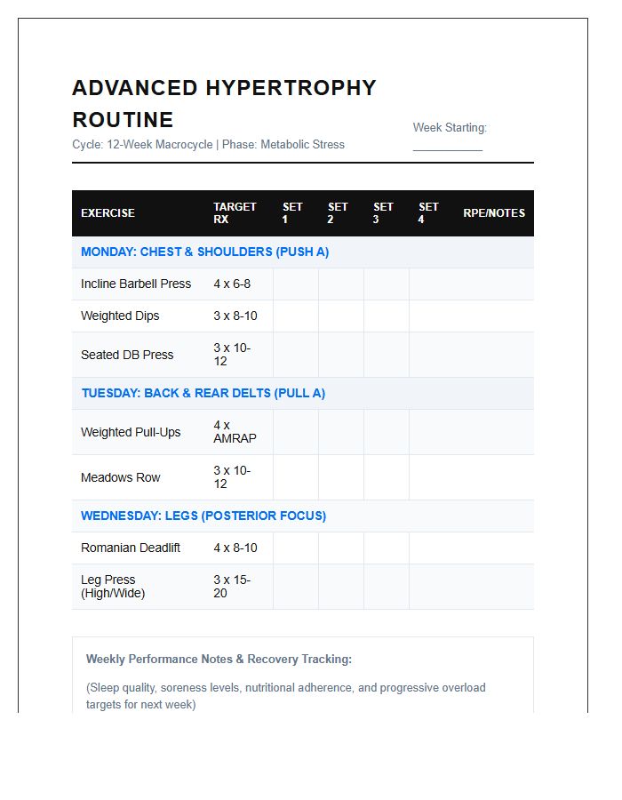 Advanced Bodybuilding Weekly Printable Chart