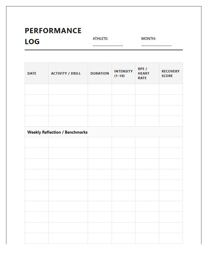 Athletic Performance Tracking Printable Chart