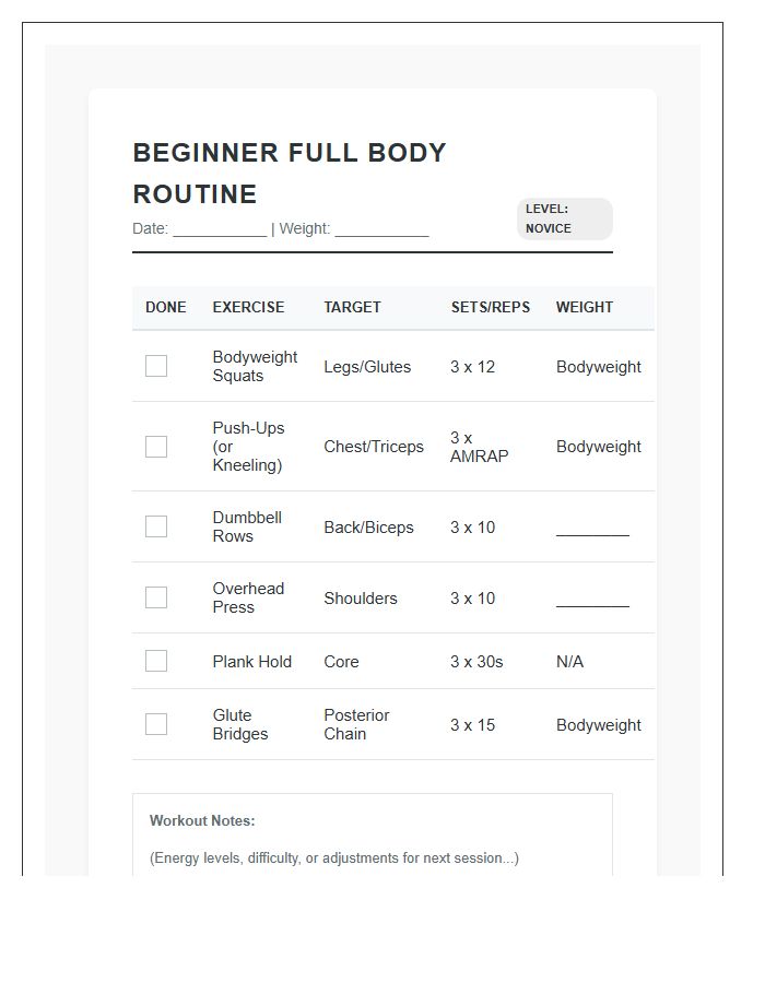 Beginner Gym Exercise Printable Chart