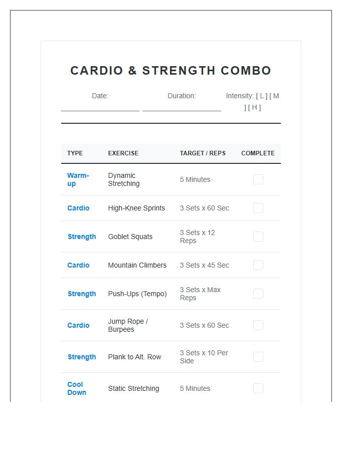 Cardio And Strength Combo Printable Chart