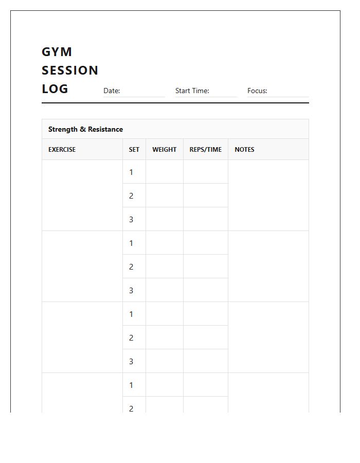 Comprehensive Gym Session Printable Chart
