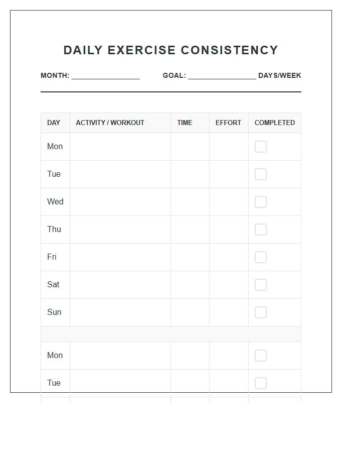Daily Exercise Consistency Printable Chart
