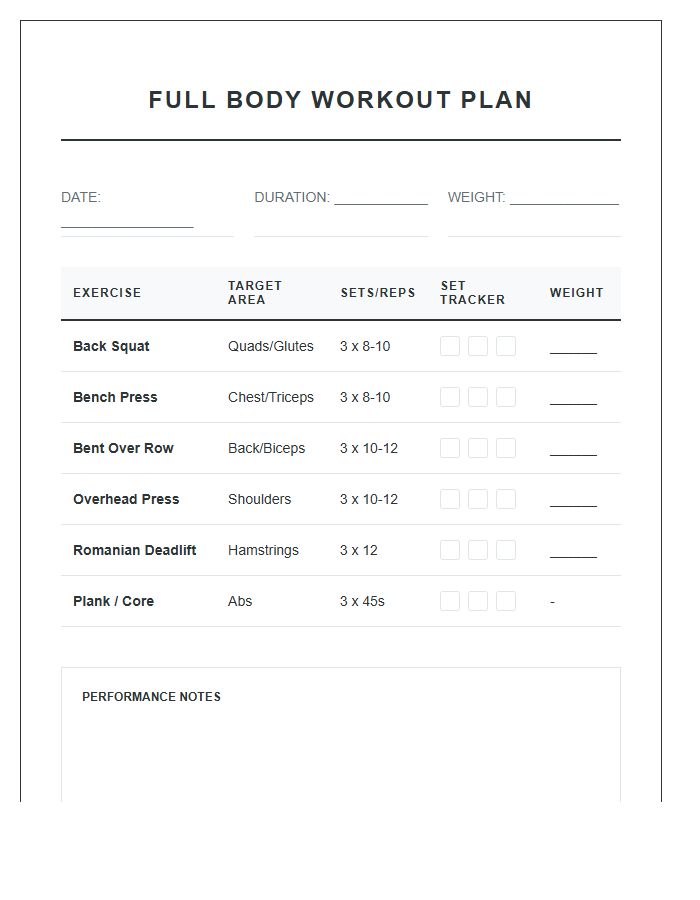 Full Body Workout Plan Printable Chart