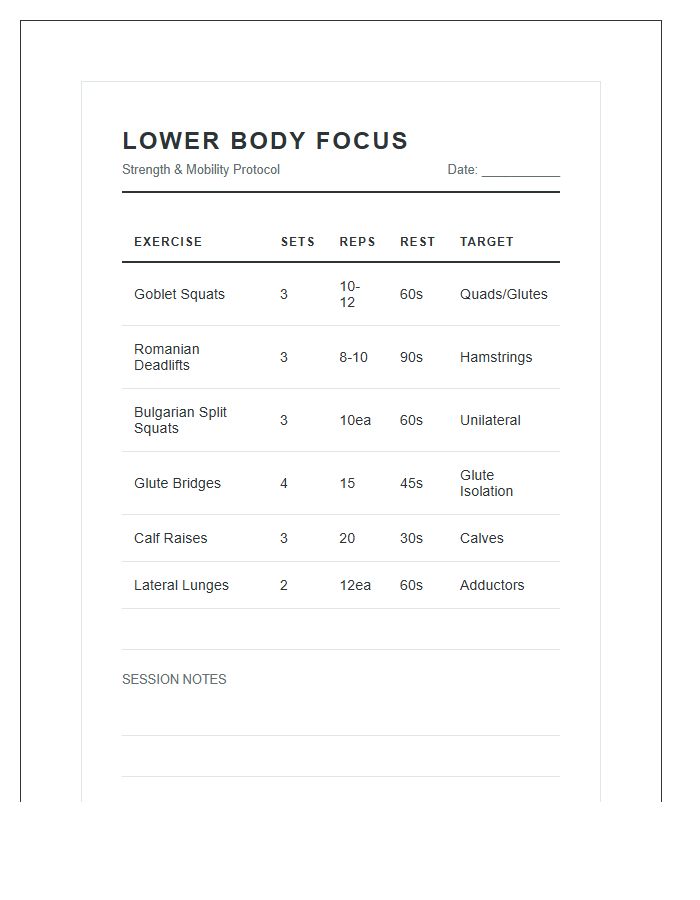 Lower Body Focus Printable Chart