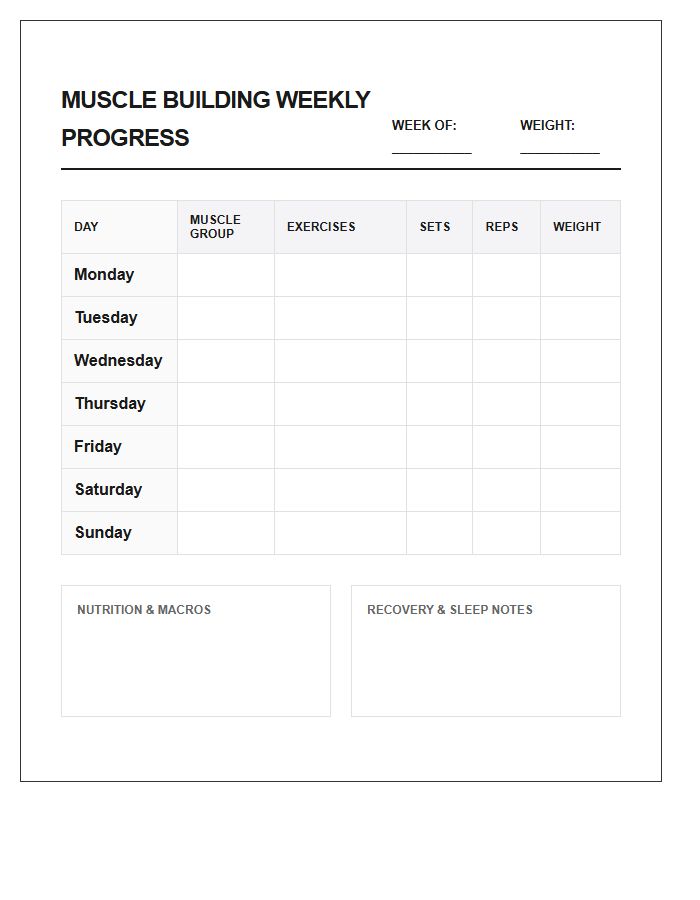 Muscle Building Weekly Printable Chart