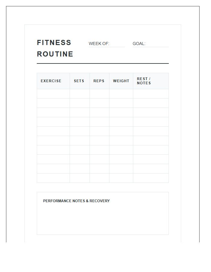 Organized Fitness Routine Printable Chart