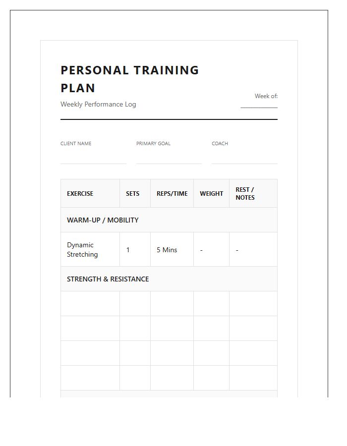 Personal Training Plan Printable Chart