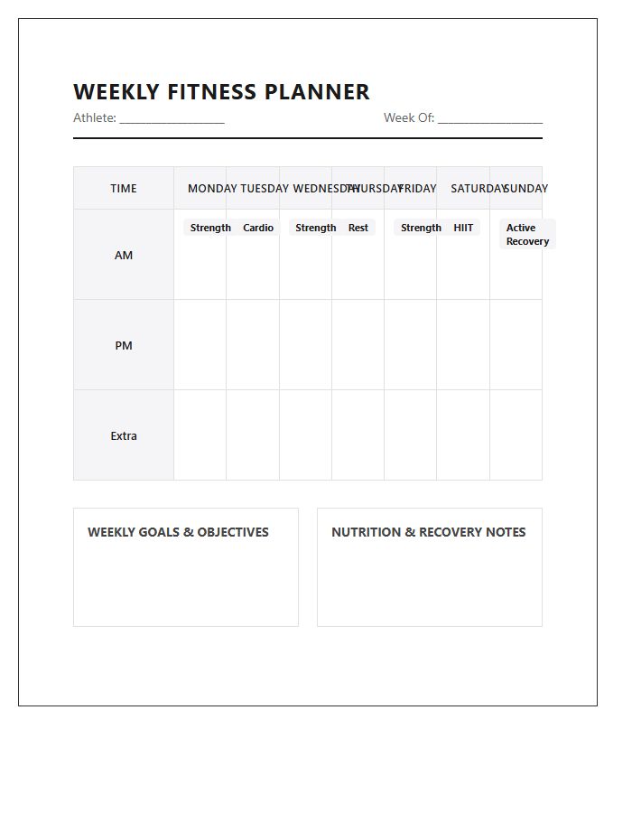 Professional Fitness Schedule Printable Chart