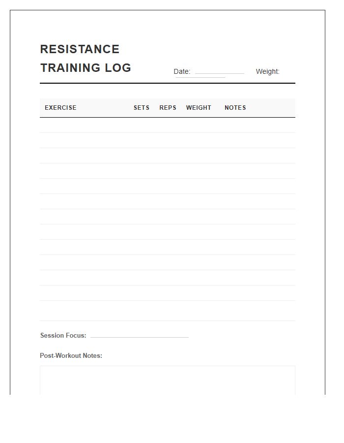 Resistance Training Log Printable Chart