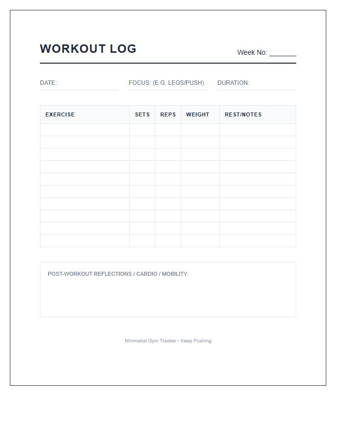 Standard Gym Exercise Printable Chart