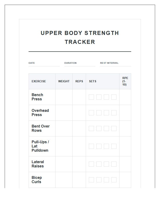 Upper Body Strength Printable Chart