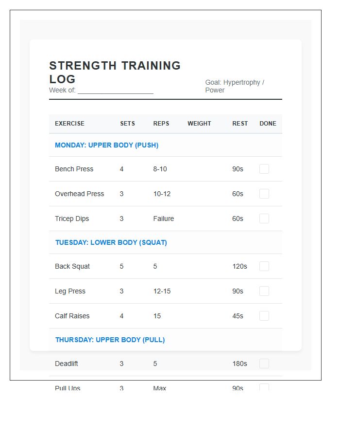 Weekly Strength Training Routine Printable Chart