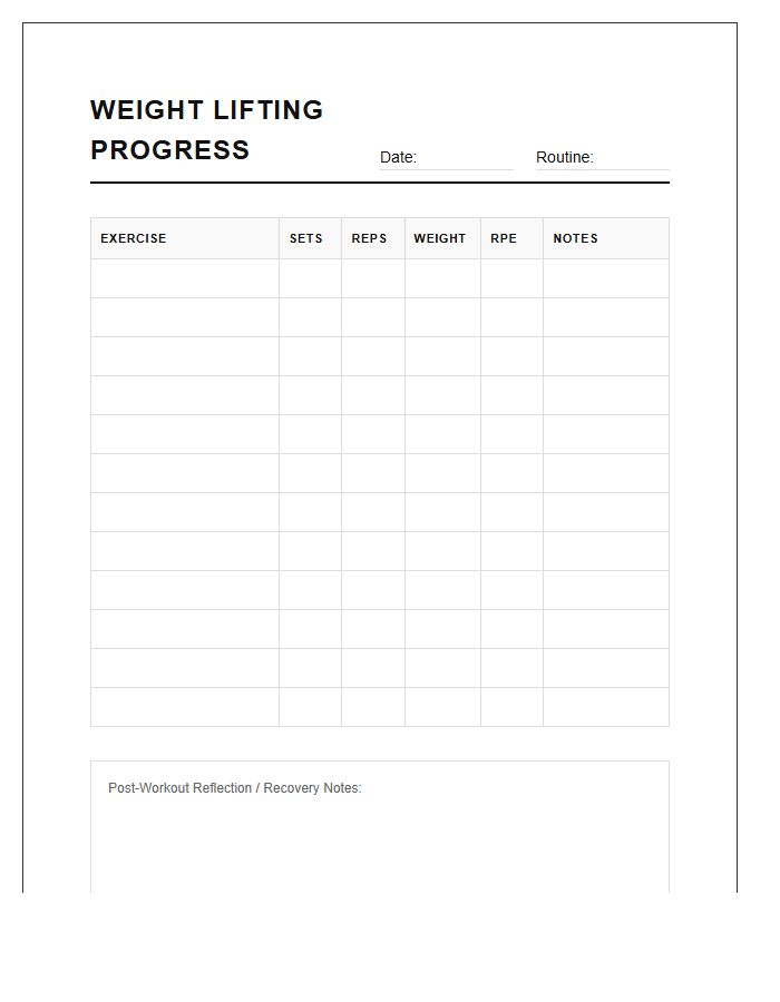 Weight Lifting Progress Tracking Printable Chart
