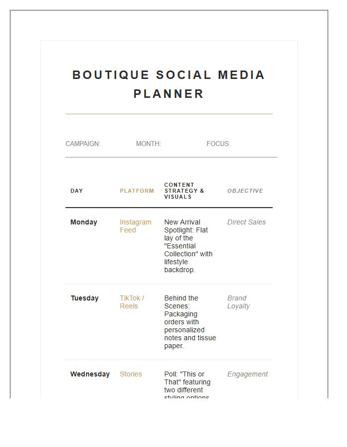 Boutique Marketing Plan Social Media Printable Chart
