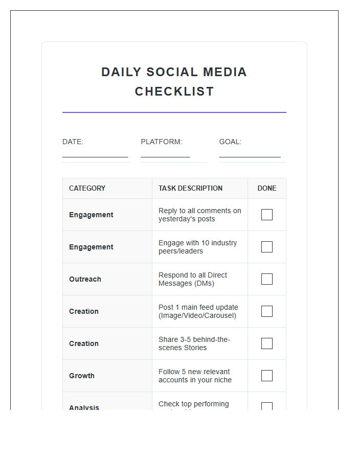 Daily Social Media Tasks Printable Chart For Entrepreneurs