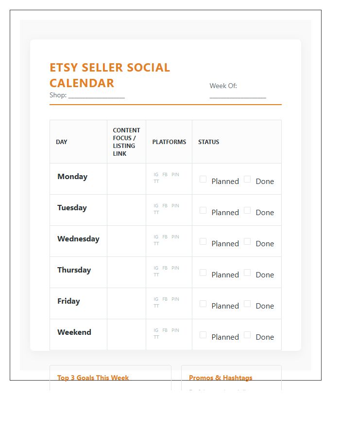 Etsy Seller Social Media Scheduling Printable Chart