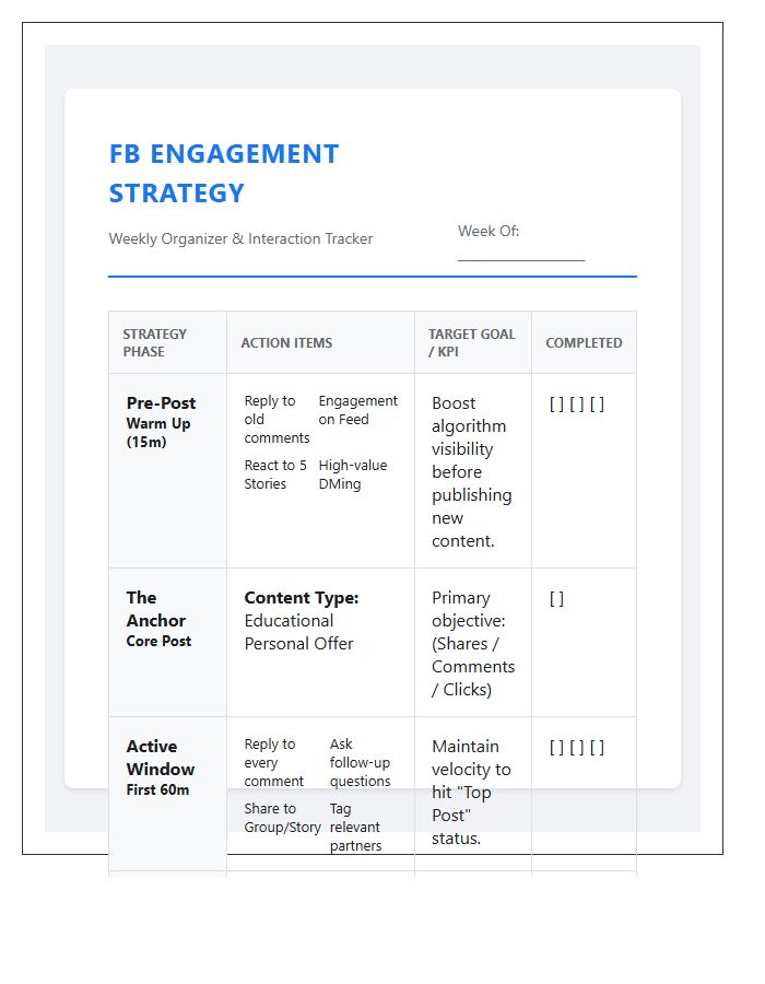 Facebook Engagement Strategy Printable Chart Organizer