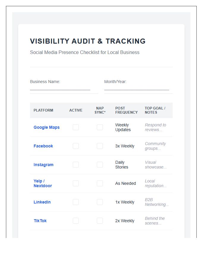 Local Business Social Media Visibility Printable Chart