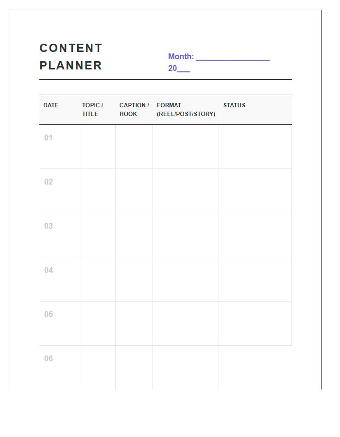 Monthly Content Planning Social Media Printable Chart
