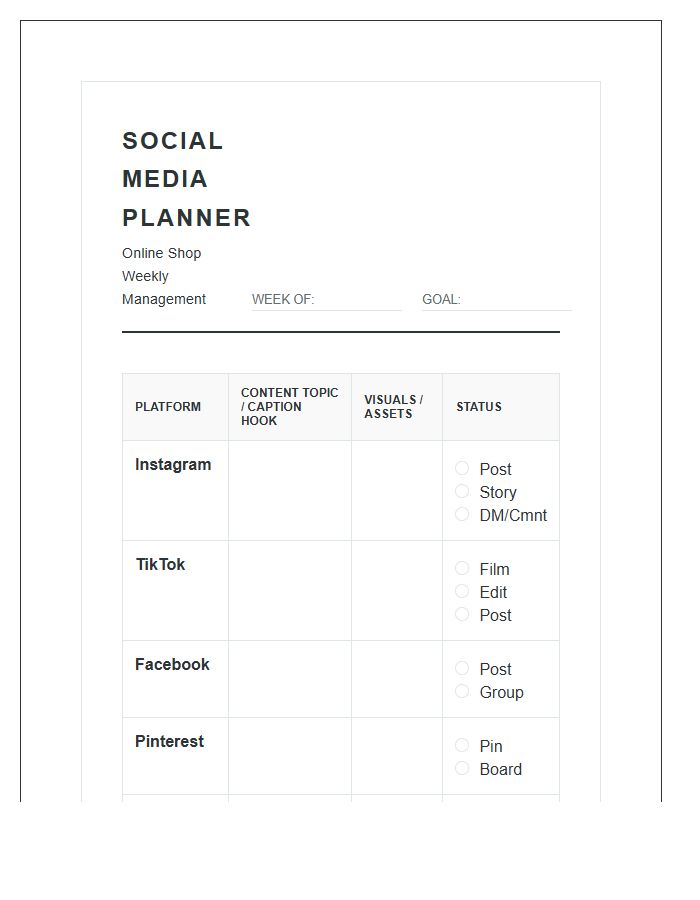 Online Shop Social Media Management Printable Chart