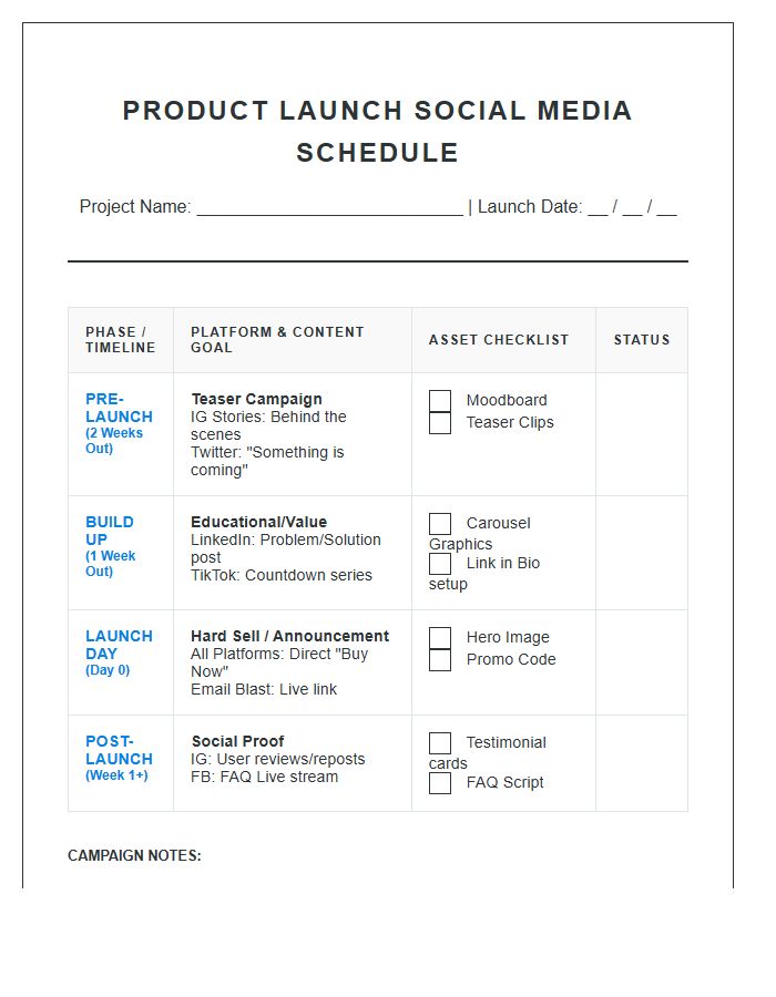 Product Launch Social Media Schedule Printable Chart