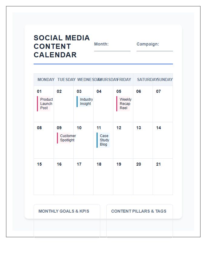 Professional Social Media Calendar Printable Chart Layout