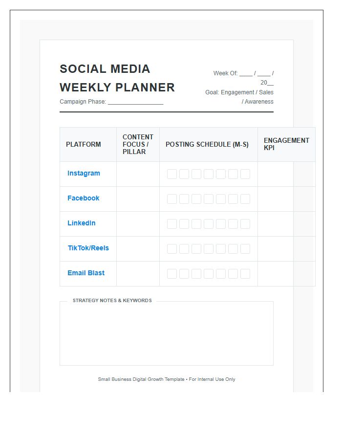 Small Business Digital Marketing Social Media Printable Chart