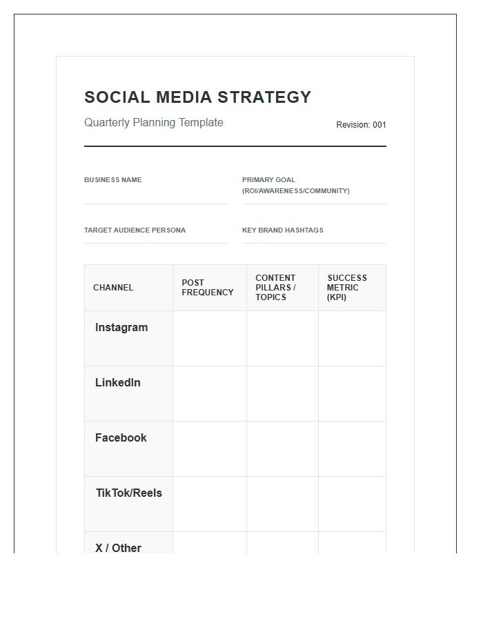 Small Business Social Media Strategy Printable Chart