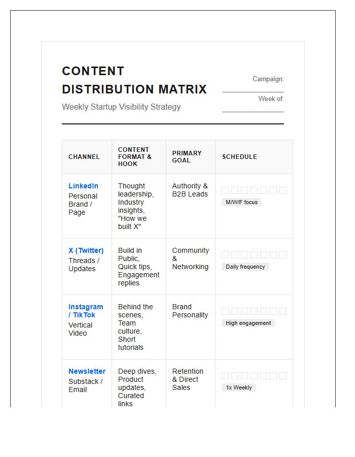 Social Media Content Distribution Printable Chart For Startups