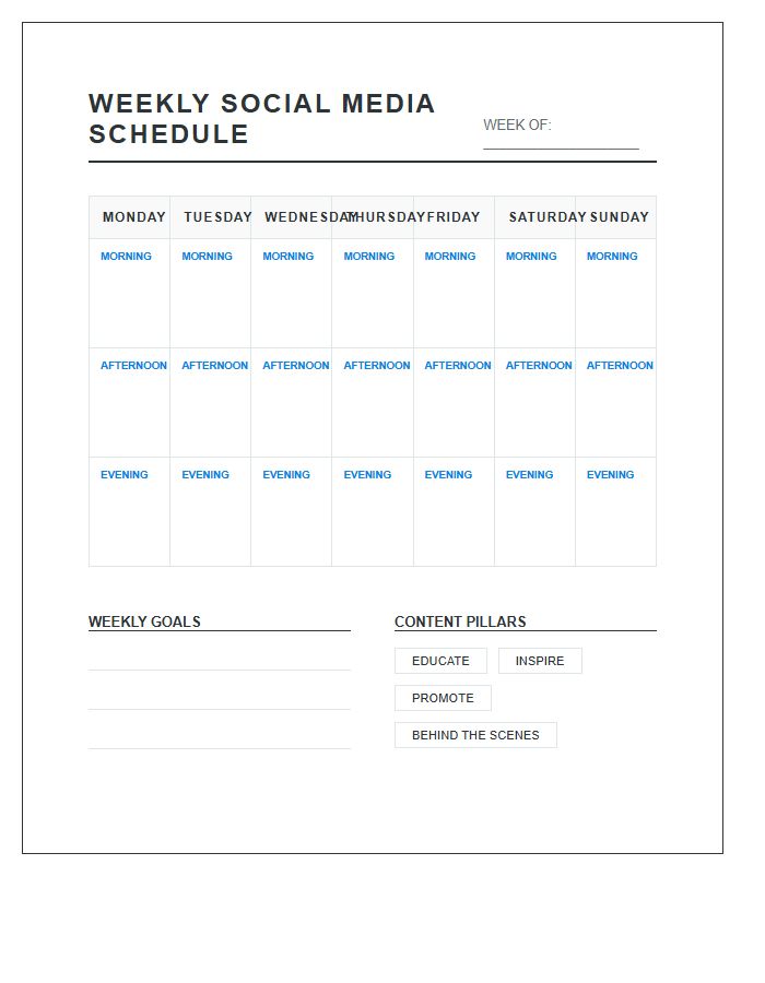 Weekly Social Media Posting Schedule Printable Chart