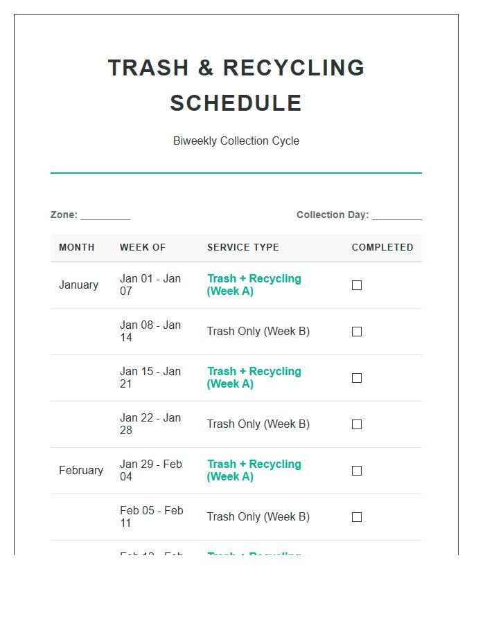 Biweekly Trash Collection Schedule Printable Chart