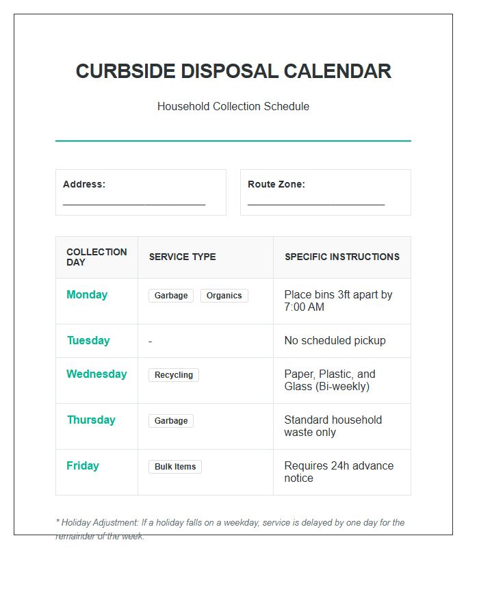 Curbside Garbage Disposal Calendar Printable Chart