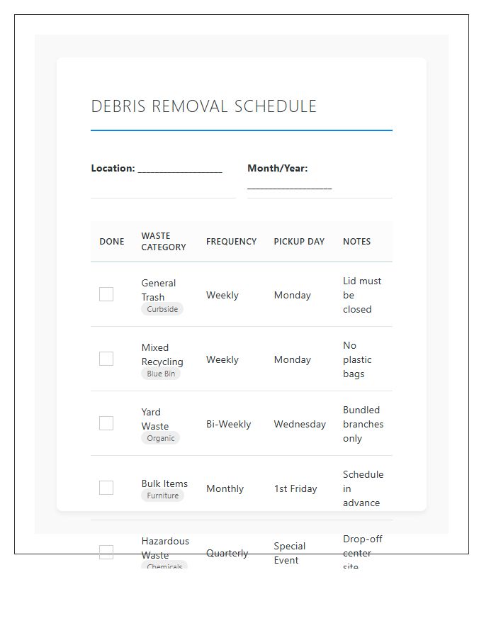 Household Debris Removal Schedule Printable Chart